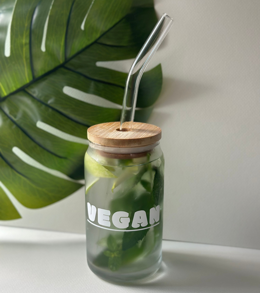 Vegan Glass Tumbler with bamboo lid and glass straw