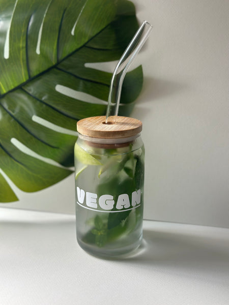 Vegan Glass Cup with Bamboo Lid and Glass Straw